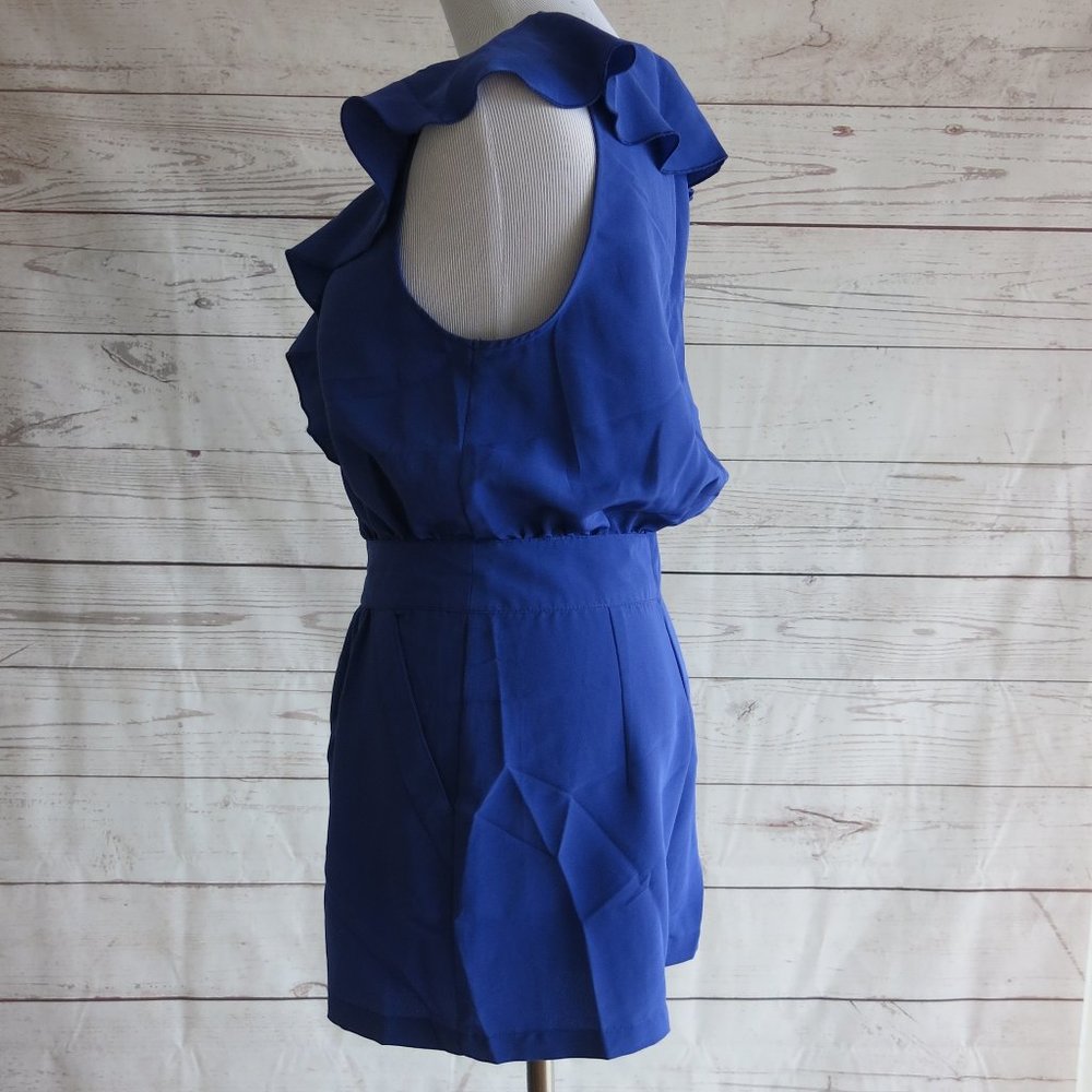 Pins and Needles Blue Full Zip Front Sleeveless Deep Ruffle V Neck Romper Size 4 - Picture 4 of 7